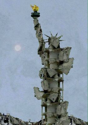   Un artista de Aleppo #Siria, realiza una escultura con las ruinas de su casa con la leyenda: "ESTA ES LA LIBERTAD QUE NOS TRAJERON". 