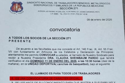 Sindicato Minero convoca a trabajadores a asistir a acto con Claudia Sheinbaum en Lázaro Cárdenas