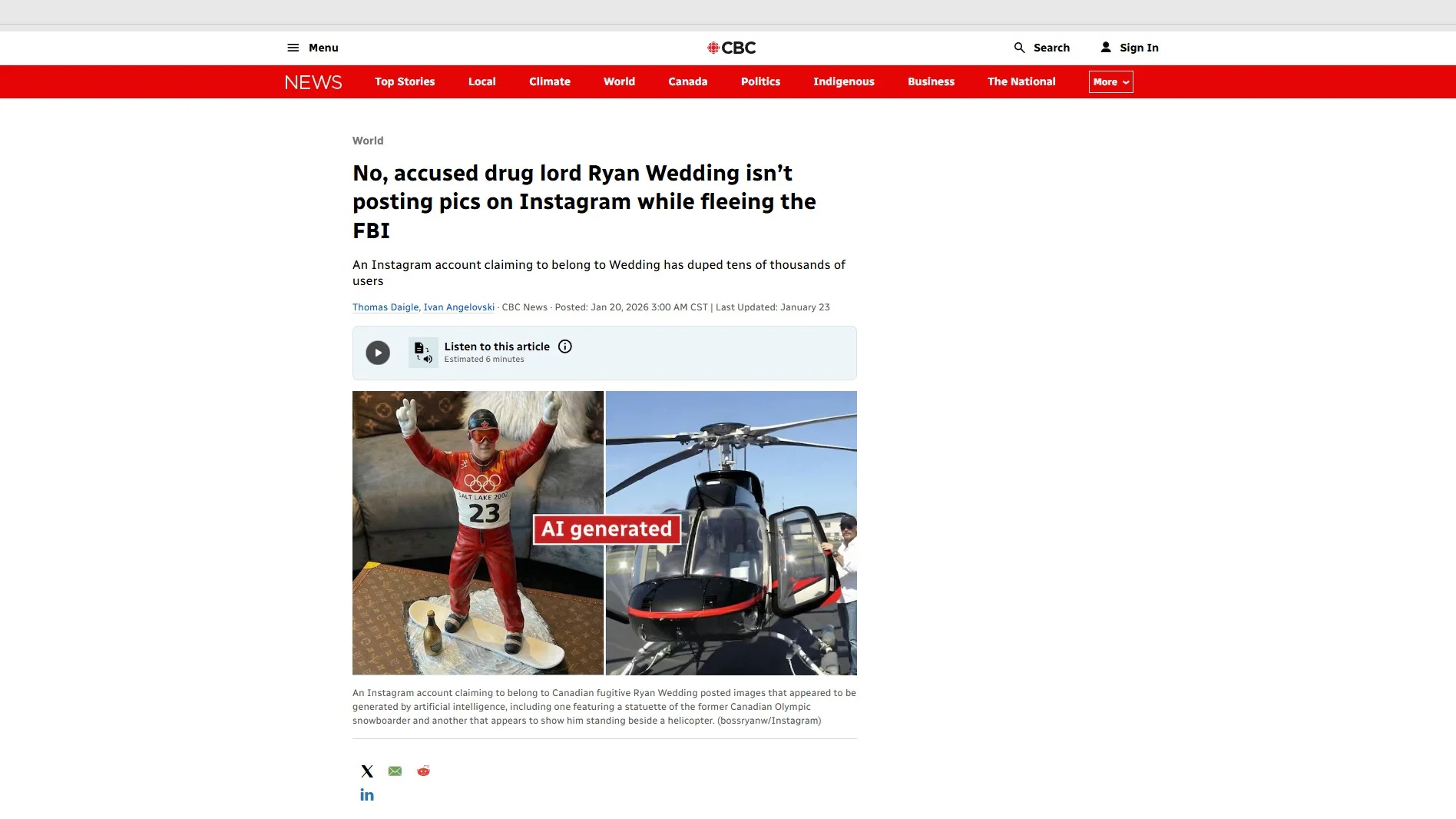 Captura de pantalla del texto de CBC del 20 de enero sobre Wedding.